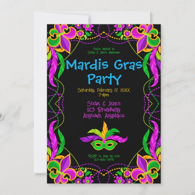 Neon Bright Mardi Gras Party Invitation (Front)