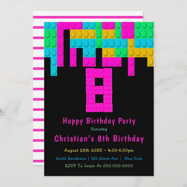 Neon Building Blocks 8th Birthday Invitations (Front/Back)