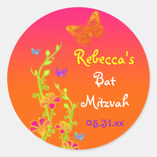 Neon Butterflies and Flowers Bat Mitzvah Sticker