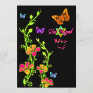 Neon Butterflies & Flowers Bat Mitzvah Invite 2