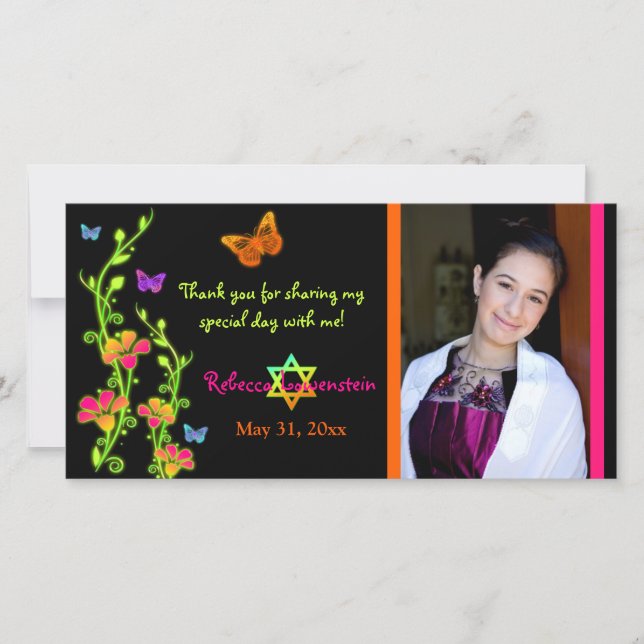 Neon Butterflies & Flowers Photo Thank You Card (Front)