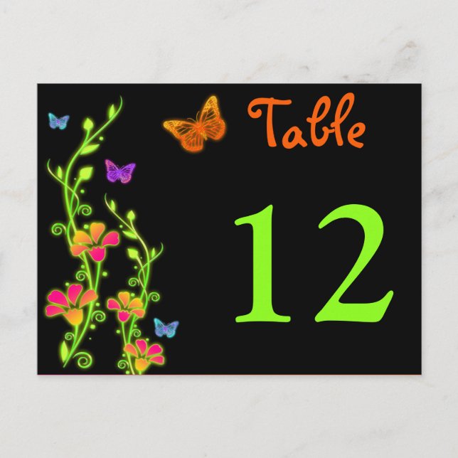 Neon Butterflies & Flowers Table Number Post Card (Front)