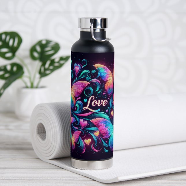 Neon Butterflies, Hearts and Love Water Bottle (Yoga)