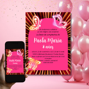 Neon Butterfly Black Pink Girl Birthday Spanish  Invitation