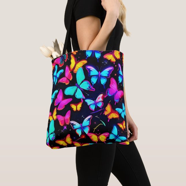 Neon Butterfly Pattern Tote Bag (Close Up)