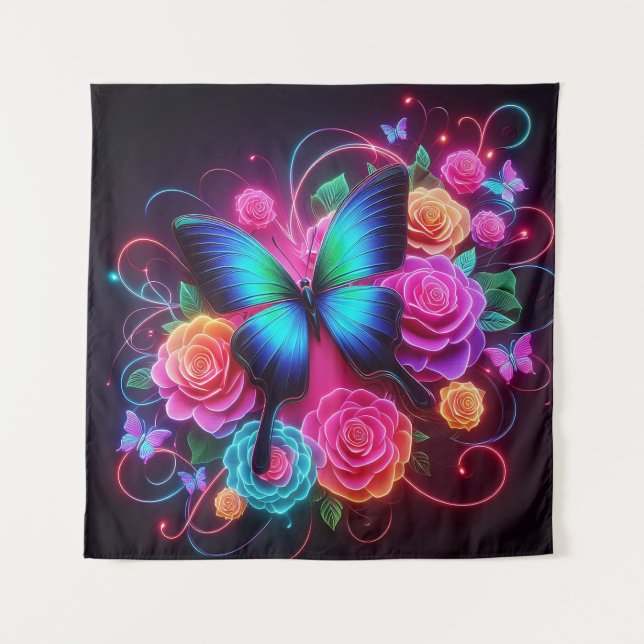 Neon Butterfly & Roses Tapestry (Front)
