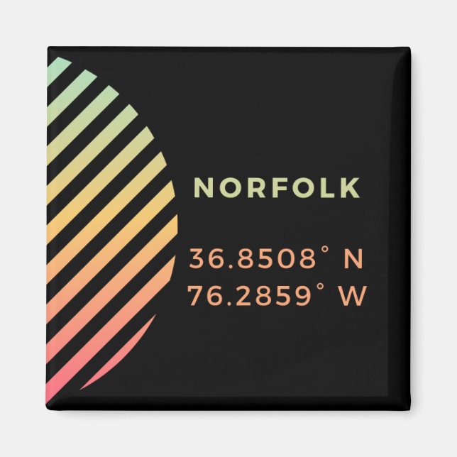 Neon Button Magnet - Coordinates of Norfolk, VA (Front)