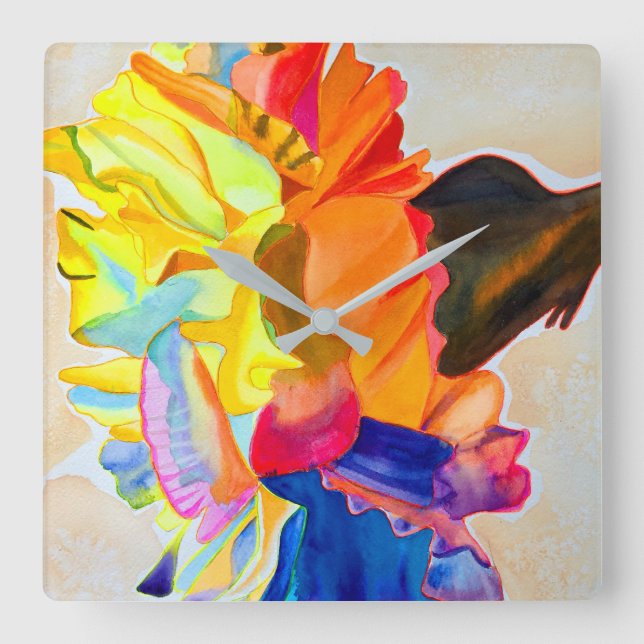 Neon Carnation watercolor flower Square Wall Clock (Front)