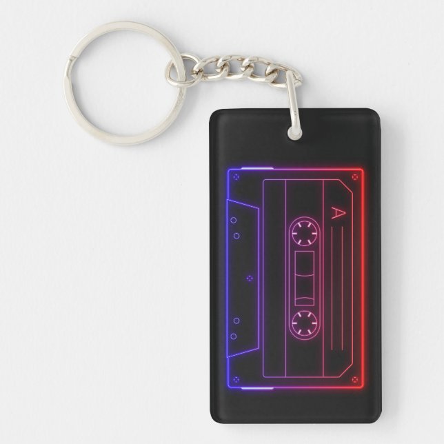 Neon Cassette Key Ring, Red Dark Blue Vaporwave Key Ring (Front)