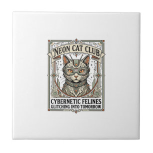Neon Cat Club Cat Cyberpunk Vintage Vector Art Shi Ceramic Tile