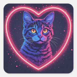 Neon Cat Heart Design – Cute Glowing Kitty Love Square Sticker