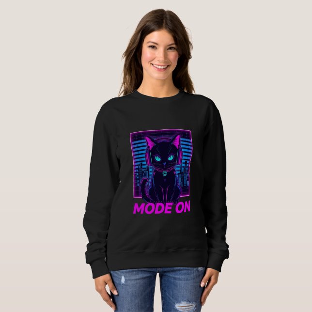 Neon Cat Mode ON – Cyberpunk Gamer Cat Hoodie & T- (Front Full)