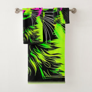 Neon Cat Portrait Bath Towel Set