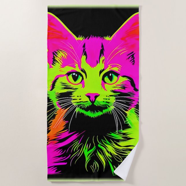 Neon Cat Portrait Beach Towel (Front)