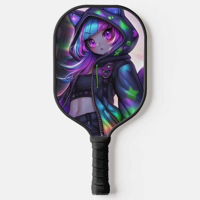 Neon Catgirl Pickleball Night Vibes Pickleball Paddle (Front)