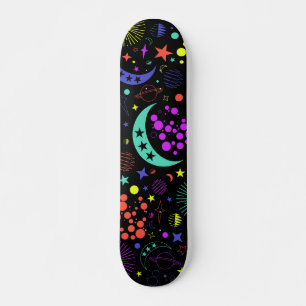 Neon celestial elements, stars, moons, planets skateboard