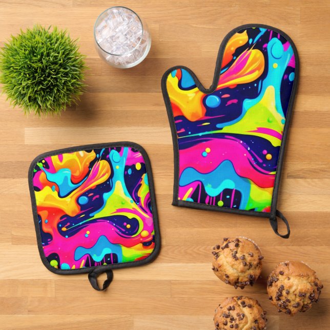 Neon Chaos Liquid Colour Explosion Oven Mitt & Pot Holder Set (Top Down)