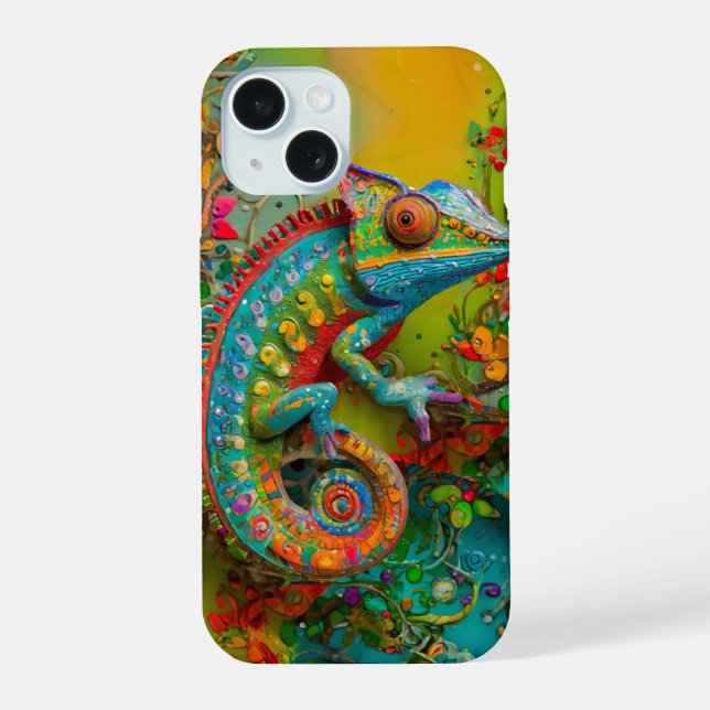 Neon Charlie Chameleon, Textile Rainforest Collage iPhone 15 Case (Back)