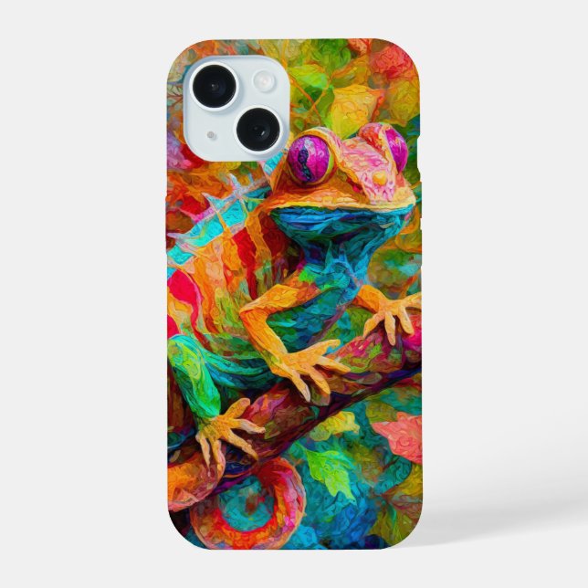 Neon Charlie Chameleon, Textile Rainforest Collage iPhone 15 Case (Back)
