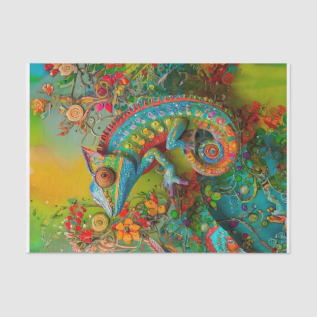 Neon Charlie Chameleon, Textile Rainforest Collage Tissue Paper (Front)