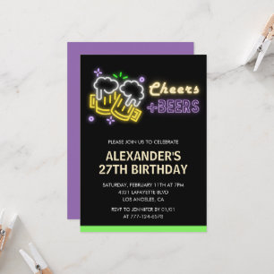 Neon Cheers Beer Black 27th birthday invitation