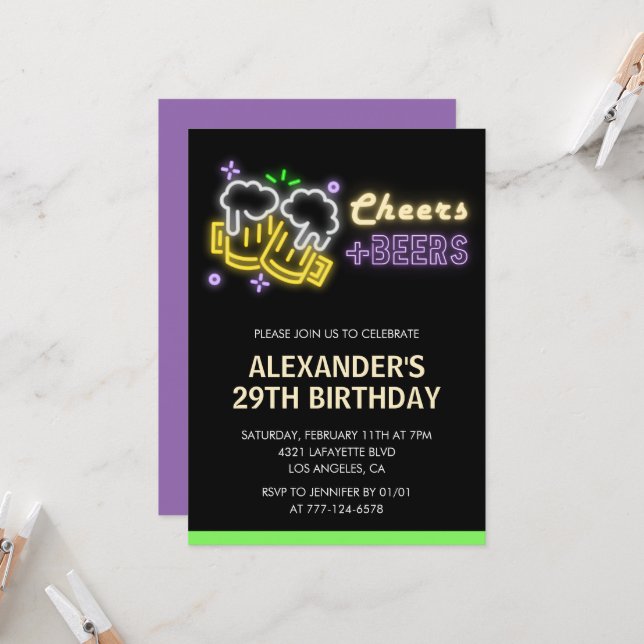 Neon Cheers Beer Black 29th birthday invitation (Front/Back In Situ)