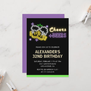 Neon Cheers Beer Black 32nd birthday invitation