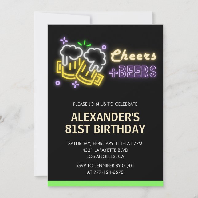 Neon Cheers Beer Black 81st birthday invitation (Front)