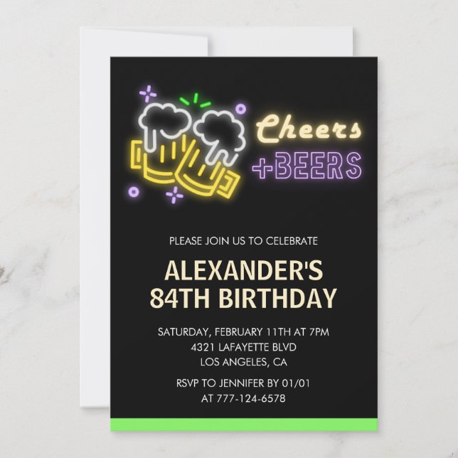 Neon Cheers Beer Black 84th birthday invitation (Front)