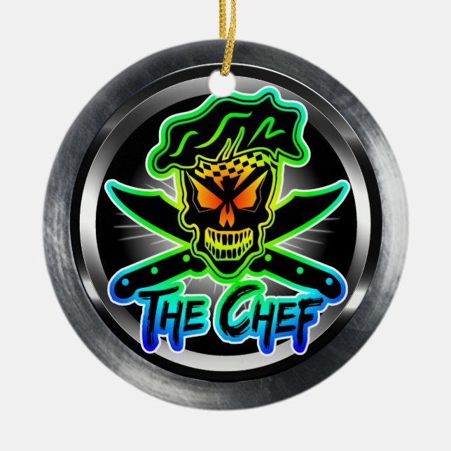 Neon Chef Skull Ceramic Ornament (Front)