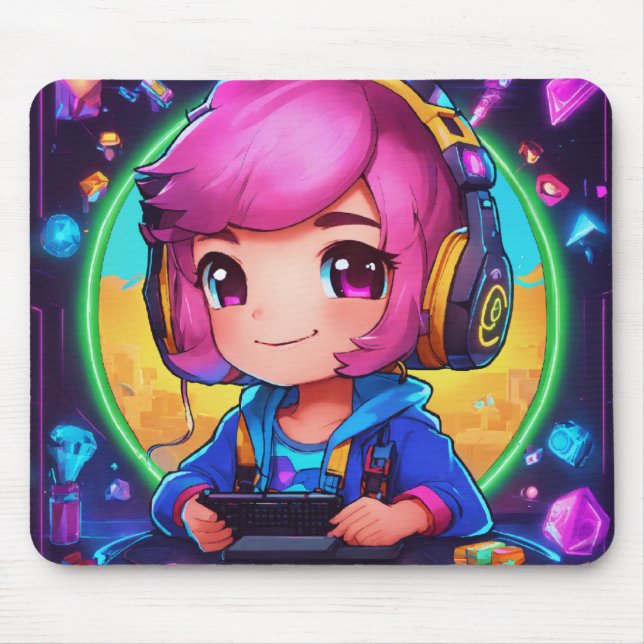 Neon Chibi Gamer Learning Design Mouse Pad (Front)