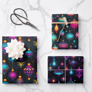 Neon Christmas Ornaments Wrapping Paper Sheet