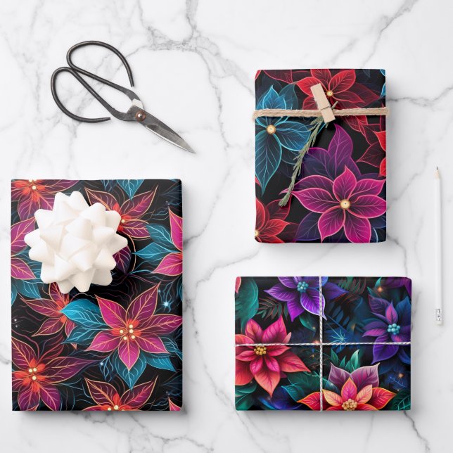 Neon Christmas Poinsettias Wrapping Paper Sheet (Front)