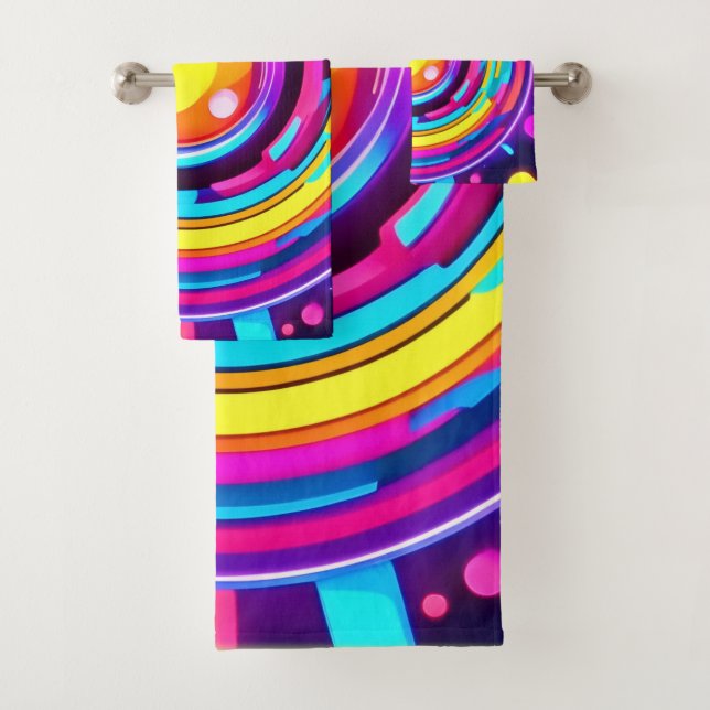 Neon Circle Vortex Pattern Bath Towel Set (Insitu)