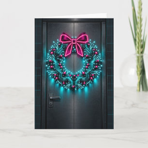Neon Circuit Board Wreath on Cyberpunk Door Holiday Card