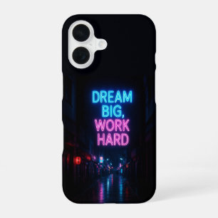 Neon City 'Dream Big Work Hard' Rain-Soaked Street iPhone 16 Case