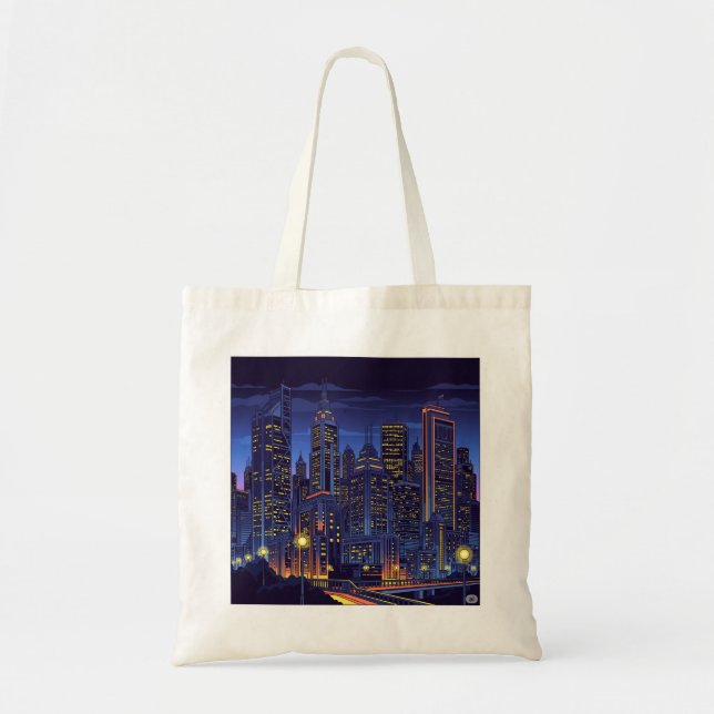 Neon City Nights – Futuristic Skyline Art Tote Bag (Front)