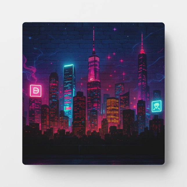 Neon City Skyline: Retro-Futurism Plaque (Front)