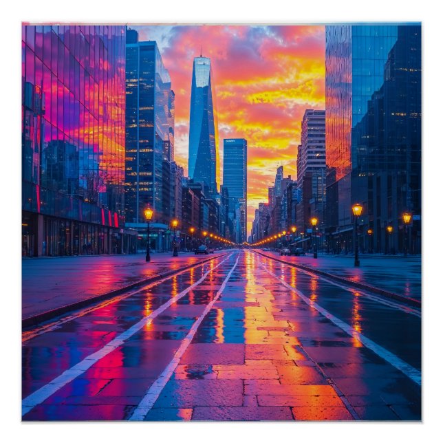 Neon Cityscape at Sunset Futuristic Urban Poster (Front)