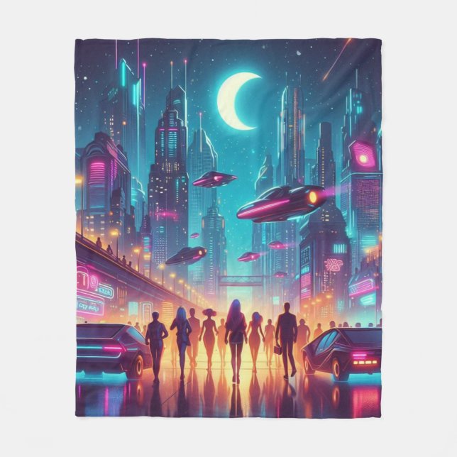Neon Cityscape Fleece Blanket (Front)