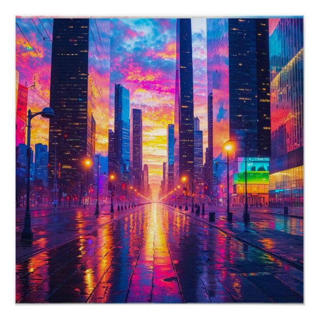 Neon Cityscape Reflections at Sunset Futuristic Poster (Front)