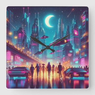 Neon Cityscape Square Wall Clock