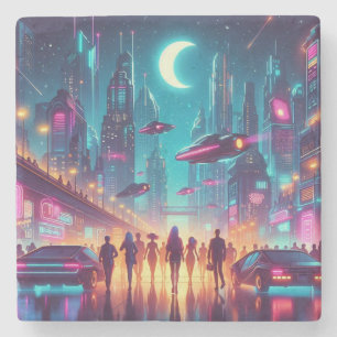 Neon Cityscape Stone Coaster