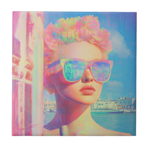 Neon Coastal Beauty with Sunglasses Ceramic Tile