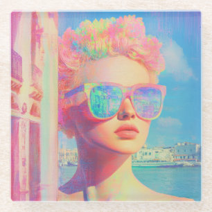 Neon Coastal Beauty with Sunglasses Glass Coaster