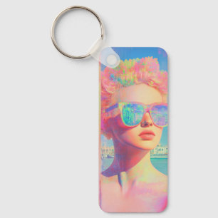 Neon Coastal Beauty with Sunglasses Key Ring