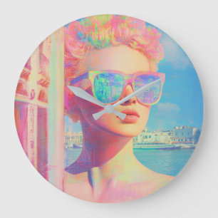 Neon Coastal Beauty with Sunglasses Large Clock