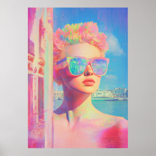Neon Coastal Beauty with Sunglasses Poster
