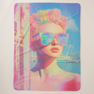 Neon Coastal Beauty with Sunglasses Sherpa Blanket