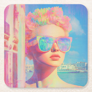 Neon Coastal Beauty with Sunglasses Square Paper Coaster